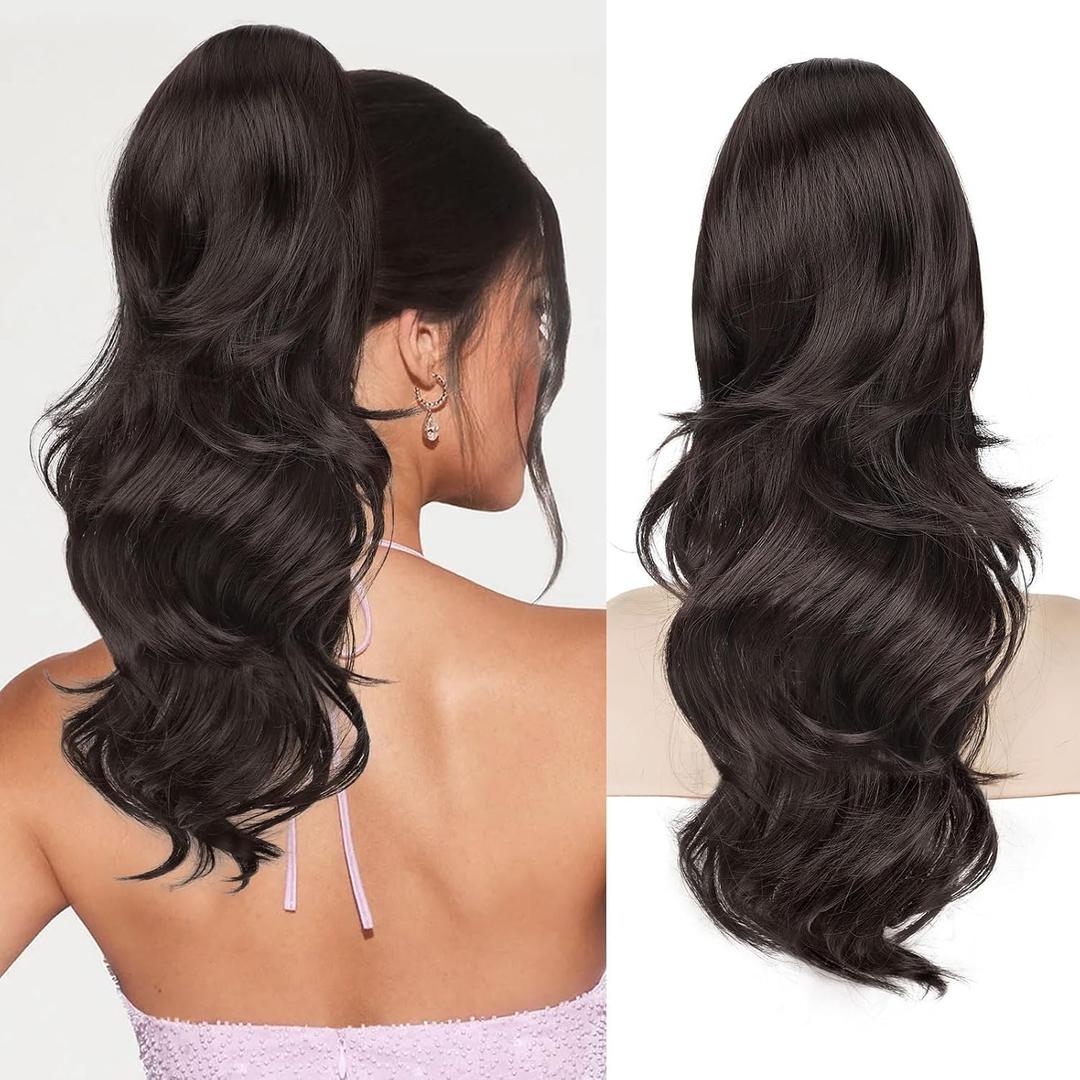 BOGSEA Ponytail Extension 20 Inch Drawstring Ponytail Extension for Women Long Wavy Hair Extensions for Daily Use(Dark Brown)