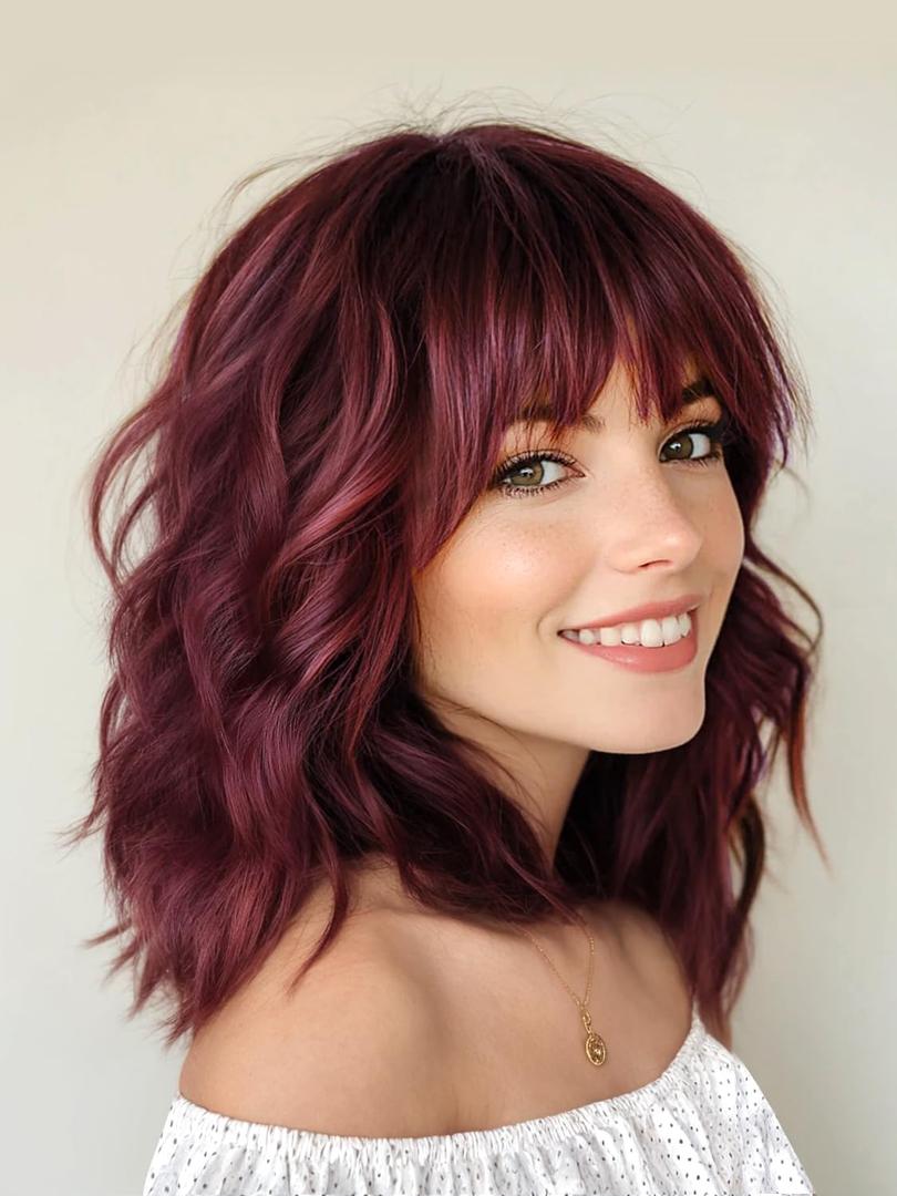 Short Wine Red Wig with Bangs Bob Curly Wavy Hair Wigs for Women Burgundy Shoulder Length Style Wig Synthetic Heat Resistant Wig for Everyday Hairstyle 16 Inch