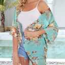 Women's Floral Print Puff Sleeve Kimono Cardigan Loose Cover Up Casual Blouse Tops (4X-Large, Aqua Blue)