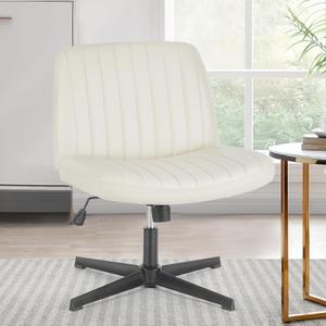Sweetcrispy Criss Cross Office Chair, Vanity Chair No Wheels, Faux Leather | Armless Wide Seat Swivel Desk, Height Adjustable Task Computer, Home Bedroom, Beige PU