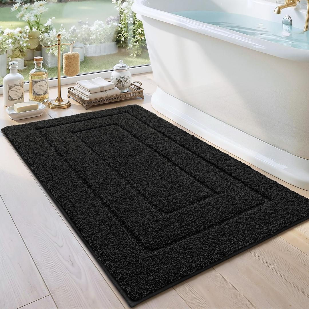 DEXI Bathroom Rug 43x24, Non Slip Washable Bath Mat for Shower Floor, Extra Large Absorbent Soft Bathmat with Rubber Backing, Quick Dry Microfiber Carpet, Black