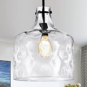 Extra Large 16" Vintage Farmhouse Pendant Light  Hand-Blown Clear Hammered Glass Shade, Adjustable Chain, Hanging Light for Kitchen Island, Dining Room, Hallway, Black Finish