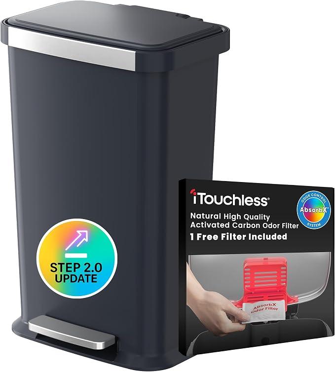 iTouchless 50 Liter / 13.2 Gallon Step 2.0 Technology SoftStep Kitchen Trash Can with Odor Filter, Dent-Proof Construction, Stainless Steel Trim, for Home, Office, Bedroom, Restroom, Black Plastic