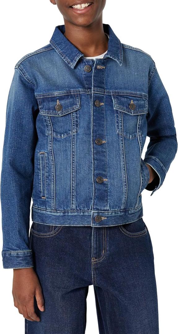 Amazon Essentials Unisex Kids' Kids' Unisex Medium Stretch Regular-Fit Denim Trucker Jacket, Classic Medium Wash, Medium