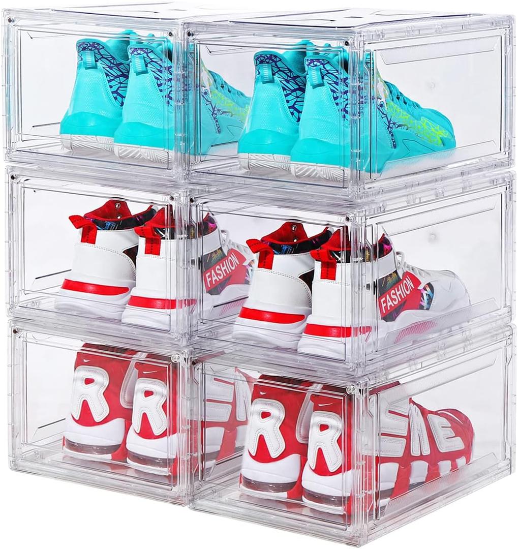 6 Pack Shoe Boxes Clear Stackable, Large Shoe Storage Boxes, Space Saving Acrylic Shoe Boxes, Foldable Shoe Container Boxes that Fits Up to Size 14 Shoes (10 Pack Transparent)