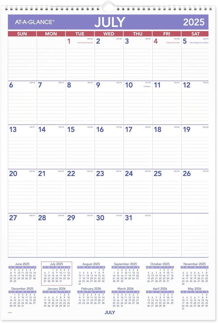 AT-A-GLANCE Wall Calendar 2025-2026 Academic, Monthly, 15-1/2" x 22-3/4", Large, Ruled Daily Blocks (AY328)
