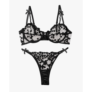 Lilosy Sexy Underwire Cute Push Up Strappy Embroidered Mesh Sheer Lingerie Set See Through Panty Bra M