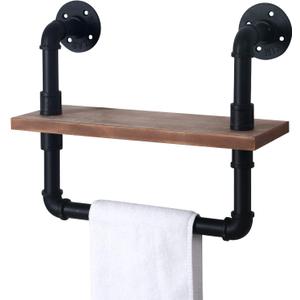 HouseAid Industrial Pipe Shelf with Towel Bar, 15-3/4 Inch Farmhouse Iron Pipe Shelving, Rustic Vintage Style Floating Shelves for Bathroom, Wall Mounted, Matte Black