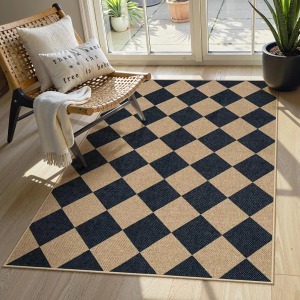 Lahome Checkered Easy Jute 3x5 Outdoor Patio Rug, Washable Rugs for Entryway Diamond Indoor Outdoor Living Room Carpet, Farmhouse Neutral Non Slip Black Door Carpet for Backyard Bedroom