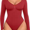 FeelinGirl Women's Long Sleeve Shapewear Bodysuit for Tummy Control Seamless Body Suits Thong V Neck Going Out Tops (Medium)