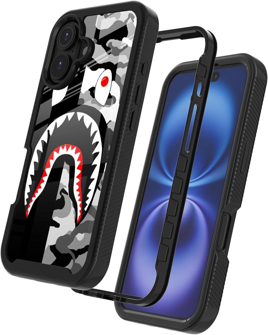 Street Fashion Cool Camo Black Gray Shark Design Compatible with iPhone 16 Case for Boys Man Luxury Shockproof Rugged Cover Dual Layer Soft TPU + Hard PC Bumper Full-Body Protective Case