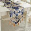 Vintage Table Runner Jacquard Fabric with Multi-Tassels Table Runners for Dining Room Dresser Wedding Holiday Party Decorations (Blue, 11 x 62 inch)