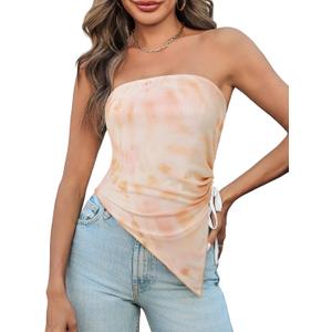 Yousify Womens Floral Tube Top Summer Mesh Strapless Ruched Asymmetrical Hem Drawstring Boho Y2k Bandeau Tops (Small, Suit 4)