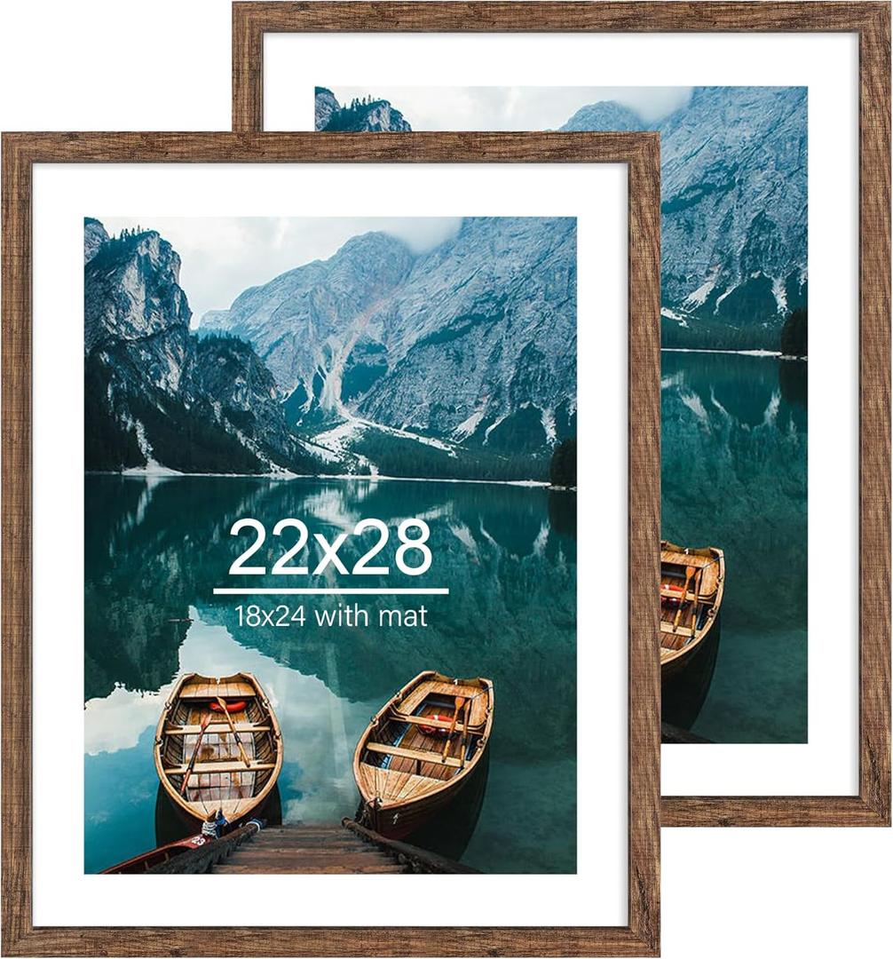 22x28 Frame Set of 2, Rustic Brown Wood Style - Display 18x24 Picture Frame with Mat or 22 x 28 Poster Frame without Mat, Wall Mounting Horizontal and Vertical