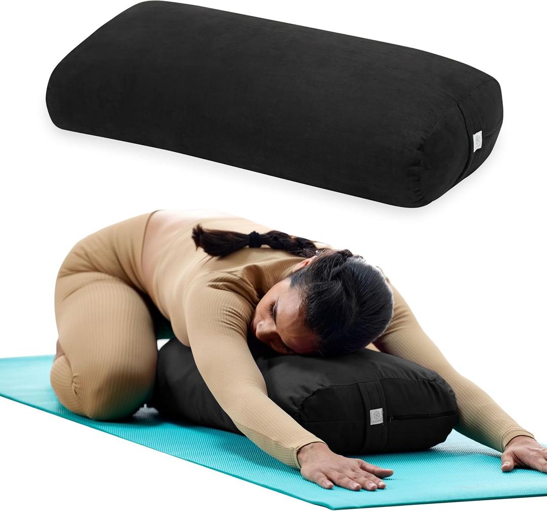 Gaiam Round Yoga Bolster Pillow, Soft Meditation Cushion for Yoga, Massage and Back Support, Breathable Cotton Fill, Zippered Microfiber Cover, Easy-Carry Handle, Machine Washable (Black)