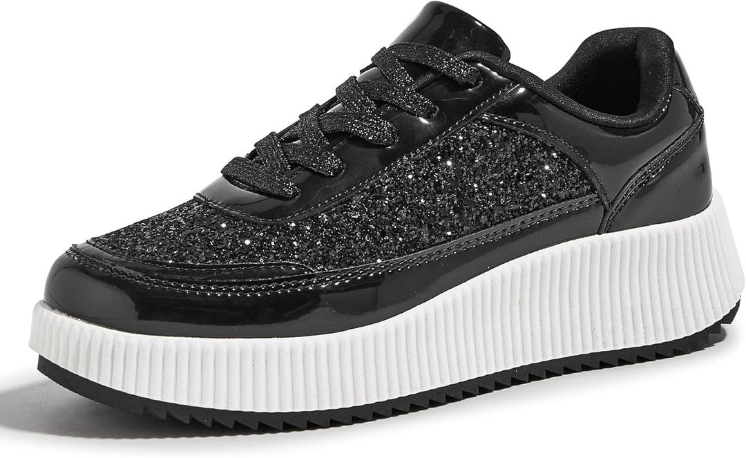 LUCKY STEP Women's Platform Sneakers Rhinestone Fashion Chunky Casual Sparkly Retro Braided Walking Shoes (5, Black Glitter 2)