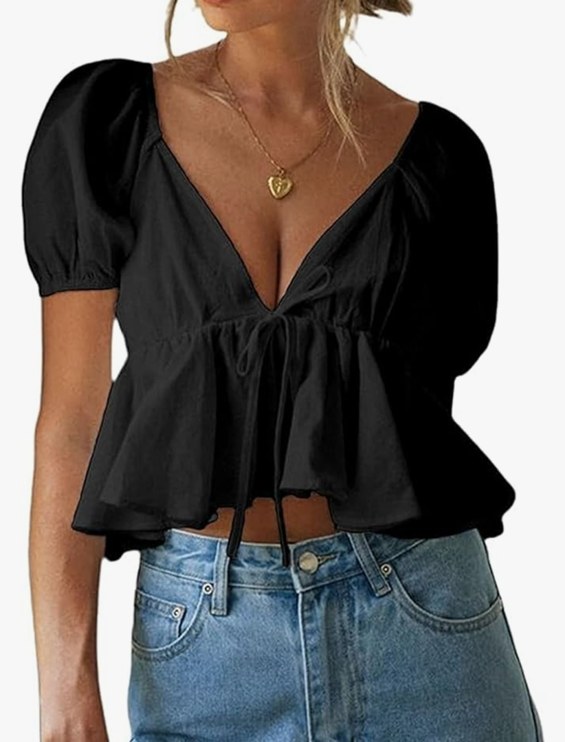 Women's Puff Short Sleeve Tie Up Back Crop Top Deep V Neck Ruffle Hem Peplum Blouse Shirts. Size XL