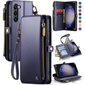 Defencase Compatible with Samsung Galaxy S23 Case Wallet with Card Holder for Women Men, PU Leather Magnetic Snap Flip Zipper Strap Wallet Phone Case Fit for Galaxy S23 5G 6.1", Blue, Fashion Dark Blue 