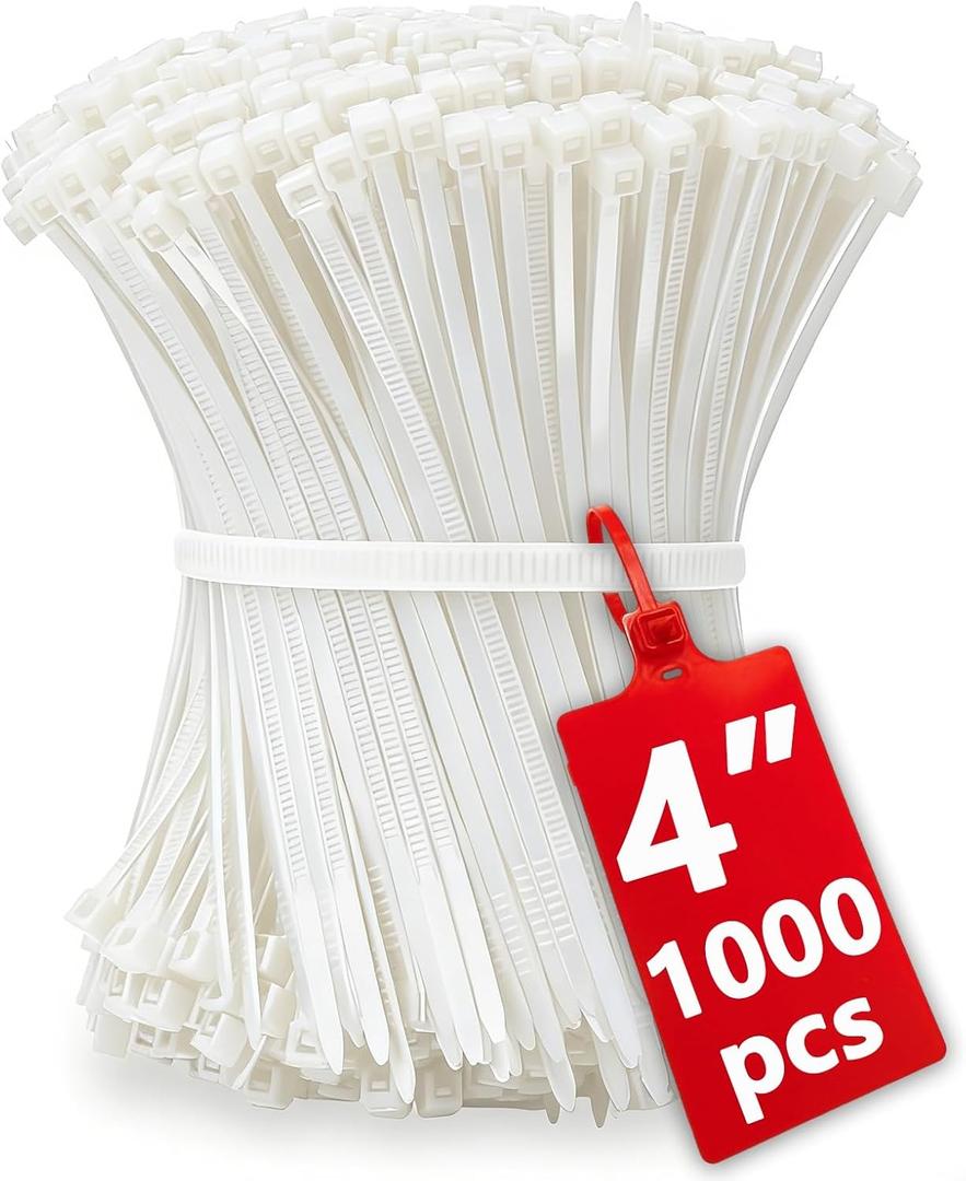 1000pcs Small White Zip Ties 4 Inch, Mini Cable Ties Tiny Zipties 4 In Micro Self Locking Plastic Clear Tie Wraps Thin Wire Ties for Cable Management