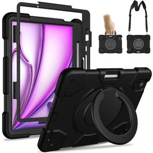 Andnary Case for iPad Air 11 inch Case M4/M3/M2 (2026/2025/2024), Heavy Duty Shockproof Cover with Screen Protector, 360 Rotating Stand, Pencil Holder, Shoulder Strap (Black)