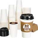 ESSENTIAL 16 oz Heavy Duty Coffee Cups with Lids, Sleeves & Labels80 Pack Disposable Paper To Go Cups, for Hot/Cold Beverage, Offices, Homes, Party