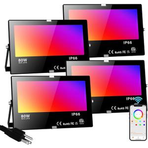 LED Flood Light Outdoor 800W Equivalent Bluetooth Smart Color Change Landscape Lighting DIY-Scene+RGB Colors+Warm White 2700K - APP & Group Control & Timing,IP66 Waterproof US 3-Plug Up Light 4Pack