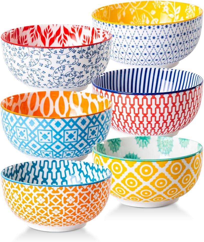 Ceramic Dessert Bowls Set - Small 11 Oz Porcelain Ice Cream Bowls for kitchen - 4.7 Inch Cereal Bowls for Salad, Fruits, Ramen - Microwave Dishwasher Safe - Set of 6 - Assorted Colors