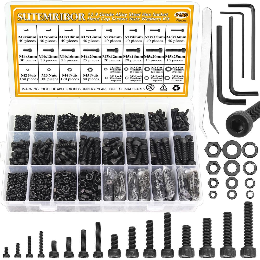 2180 Pieces Black M2 M3 M4 M5 Hex Socket Head Cap Screws Nuts Washers Assortment Kit, Metric Screw Assortment with Hex Wrenches, 12.9 Grade Alloy Steel, Fully Threaded