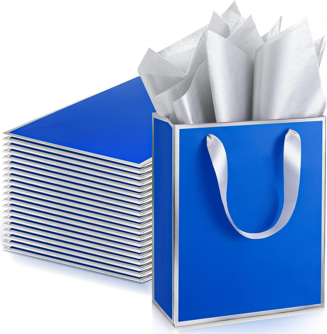 Yeaqee 24 Pack Metallic Paper Gift Bags with Handle and Tissue 9x7x3.1 Gold Foil Welcome Thank You Favor Bags Return Gifts for Wedding Mothers Graduation Bridesmaid Birthday(Royal Blue,Silver)