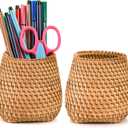Hacaroa Set of 2 Rattan Pencil Holder for Desk, Handmade Wicker Pen Cup Cute Boho Desk Organizer, Woven Makeup Brush Holder Utensil Container for Home, Office Table Decor