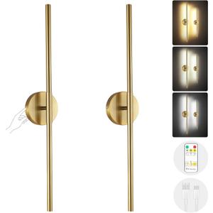 Wireless Battery Operated Wall Sconces with Remote, Gold Rechargeable Led Wall Lights Set of Two, Cordless Dimmable Battery Powered Wall Lamp Decor for Bedroom Living Room, 3 Color, 32 Inch