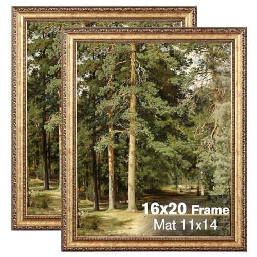 Splinterix 16x20 Gold Picture Frames Set of 2, Ornate Vintage 16 x 20 Photo Frames for Wall Decor or Tabletop Display, Gold Frames with Plexiglass, Display 11x14 Pictures with Mat or 16x20 without Mat for Antique Dco