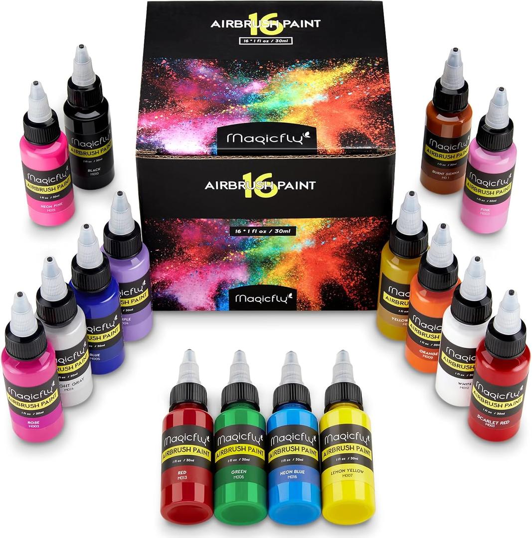 Magicfly Airbrush Paint, 16 Colors Acrylic Airbrush Paint Set (30 ml/1 oz), Ready to Spray, Opaque & Neon Colors, Water-based, Premium Kit for Beginners, Hobbyist and Artists
