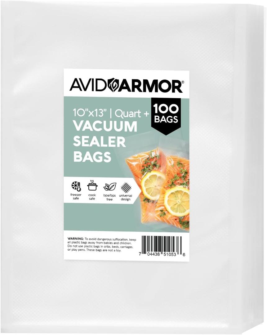 Avid Armor Vacuum Sealer Bags QUART PLUS Size 10"x13" 100 Pack for Food Saver and Seal A Meal Vac Sealers BPA Free Commercial Grade Sous Vide Vaccume Safe, Heavy Duty Universal Precut Storage Bag