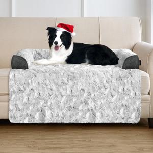 Calming Large Dog Bed for Couch, 41 x 37 inch Removable Couch Cover for Dogs Washable, Non-Slip Fluffy Plush Dog Sofa Mat for Furniture Protector - Grey