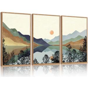 CHDITB Mountain Sun Forest Framed Art Prints(Set of 3, 16x24), Boho Watercolor Nature Landscape Canvas Artwork Painting, Abstract Foggy National Park Scenery Poster Decor for Living Room Bedroom