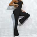 OVESPORT Workout Flare Jumpsuits Women Sexy Scrunch Butt Yoga Romper Backless Gym Bodycon V Back Seamless Unitard Playsuit Black, X-Large