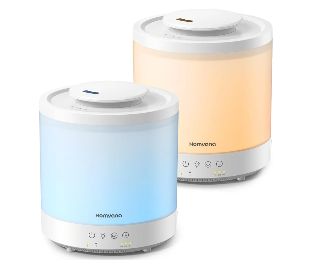 Homvana Small Humidifiers for Bedroom - 2 Packs 1.5L Cool Mist Top Fill Humidifier for Baby Nursery, Essential Oil Diffuser, 3 in 1 for Home Plants Offices and Grow Tents, 7 Color Lights, Ultrasonic