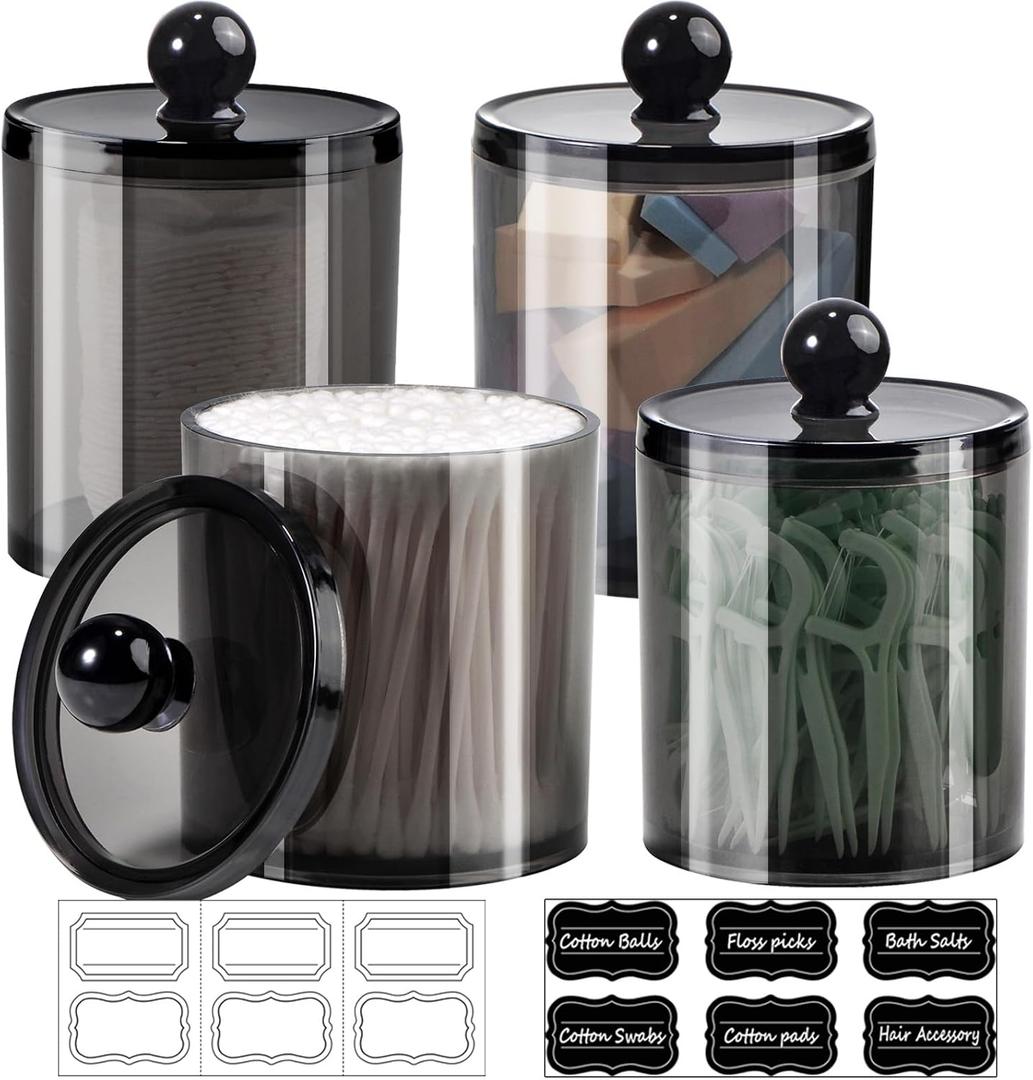 SheeChung 2-Pack Black Acrylic Apothecary Jars with Chalkboard Labels - Shatterproof Qtip Holder for Bathroom - Vanity Storage Canisters for Cotton Swabs, Balls, Floss Picks- Modern Minimalist Decor