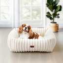 Washable Dog Bed for Small Medium Dogs - Rectangle Orthopedic Corduroy Fleece Pet Bed with Removable Cover and Nonskid Bottom, Calming Puppy Bed Soft Pet Sofa, Cream(25x21x7inchs)