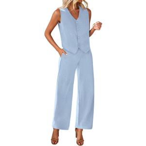 KIRUNDO Womens Two Piece Outfits Summer Fashion Button V Neck Crop Vest Blazer and Wide Leg Pants Suit Matching Sets (Small, Sky Blue)