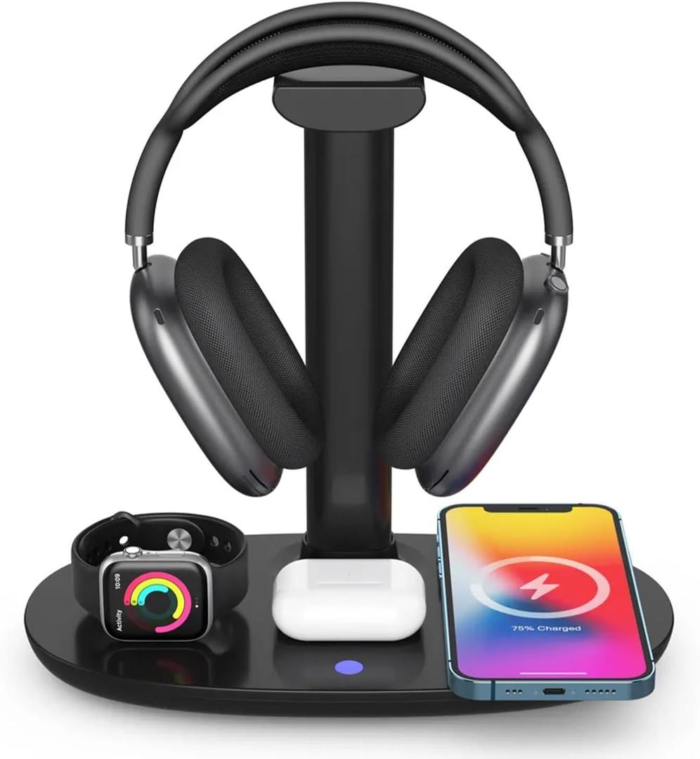 4 in 1 Wireless Charger with Headphone Stand Headset Holder & Station Dock for Apple Watch, AirPods Max/Pro/Pro 2/AirPods 4/ iPhone 16/15/14/13/12 LG, Samsung Galaxy, Huawei (Black)