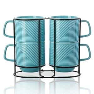 Adewnest Stackable Coffee Mugs with Rack: 13 oz Stacking Ceramic Cups with Stand - Porcelain Stacked Tea Mug Set of 3 (Turquoise)