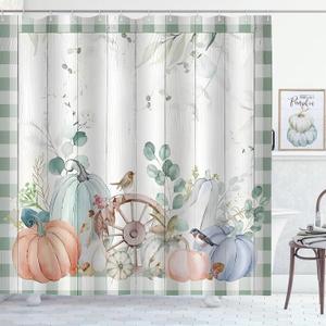 Fall Pumpkin Shower Curtain Eucalyptus Leaves Green Plaid Farmhouse Autumn Harvest Thanksgiving Bathroom Curtains Waterproof Polyester Fabric Bath Curtain 72 x 72 Inch with 12 Plastic Hooks