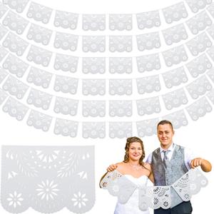 Tatuo 12 Pack White Papel Picado Banner Cielito Lindo Party Decoration 16.4 Feet Large Plastic Mexican Banners Mexico Fiesta Party Decorations Wedding Fiesta Hanging Flags for Cinco De Mayo