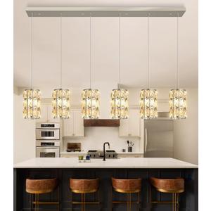 6-Lights Rectangle Modern Crystal Pendant Lights for Kitchen Island LED Dimmable Glam Pendant Lighting Chandelier for Dining Room Hallway Corner Lamp Nickel