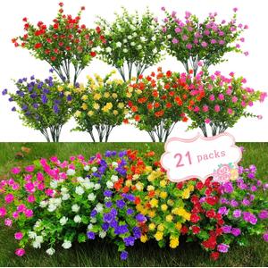 WEAUSUP 21 Bundles Outdoor Faux Plants UV Resistant Faux Bushes Plastic Artificial Flowers Fake Outdoor Plants for Home Garden Decor (7 Colors)