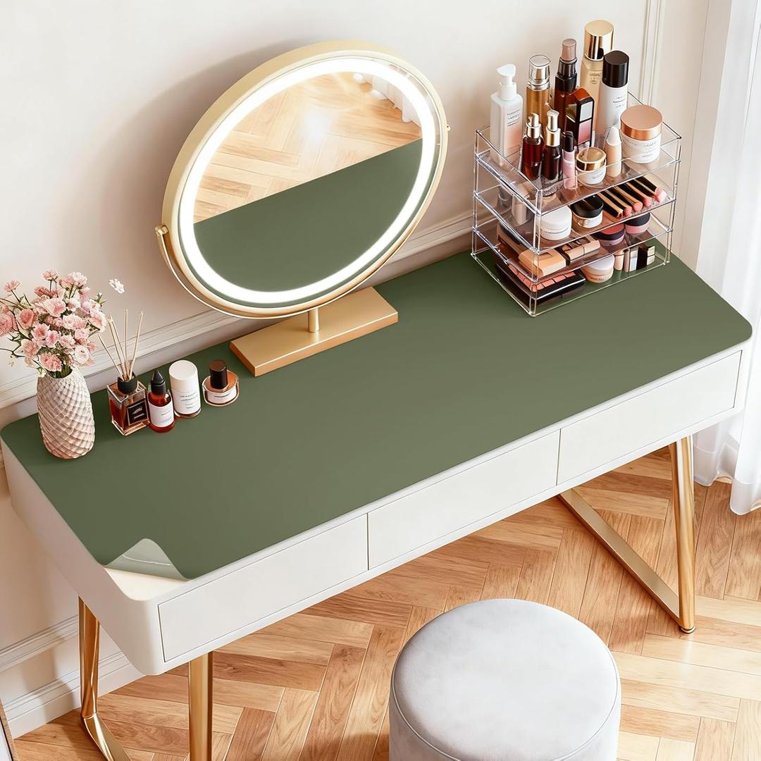 LovePads Makeup Mat for Vanity, 16 x 36 Dual-Sided Desk Pad & Vanity Cover Top, Waterproof PVC Protector Mat for Dresser, Nail Art, Craft Table (Green/Grey)