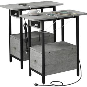 LIDYUK End Table with Charging Station, Narrow Side Table with Drawer and USB Ports & Power Outlets, Nightstand Bedside Tables for Small Spaces, Bedroom, Living Room, Light Grey, Set of 2