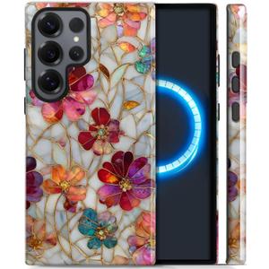 Case for Samsung Galaxy 24 Ultra,Stained Glass Flowers Case [Compatible with Magsafe] Design,Dual Layer Soft TPU Hard PC Bumper Phone Case Case for Men Women